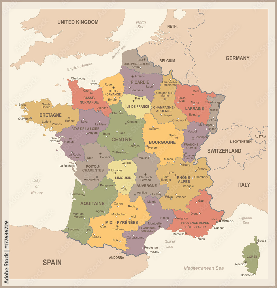 Obraz premium France Map - Vintage Vector Illustration