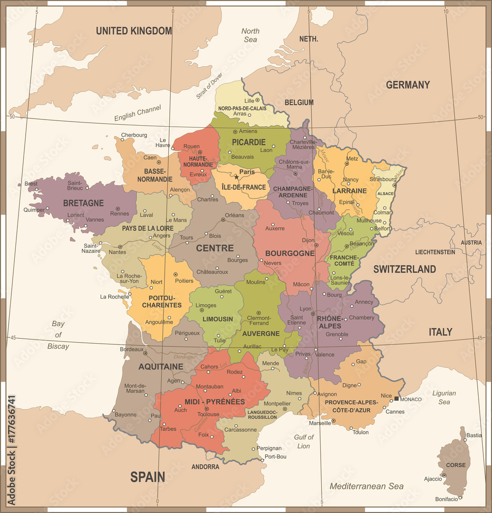 France Map - Vintage Vector Illustration