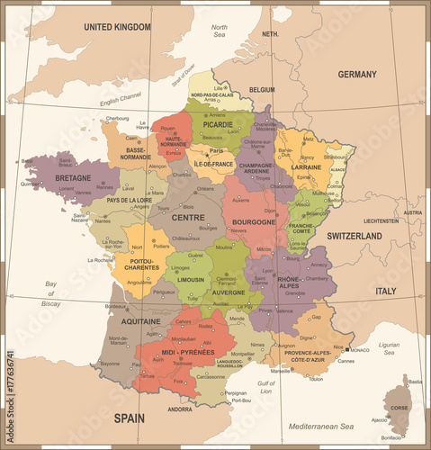 Fotografie, Tablou France Map - Vintage Vector Illustration