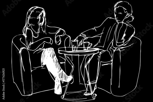 sketch of a young couple in a cafe at a table