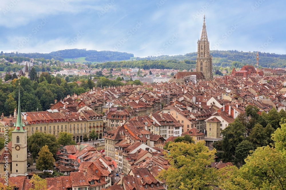 The Old City is the medieval city center of Bern, Switzerland. Built on a narrow hill surrounded on three sides by the river Aare.