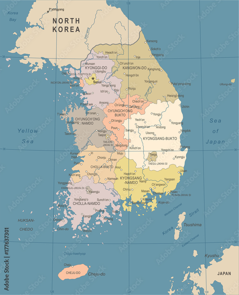 Fototapeta premium South Korea Map - Vintage Vector Illustration