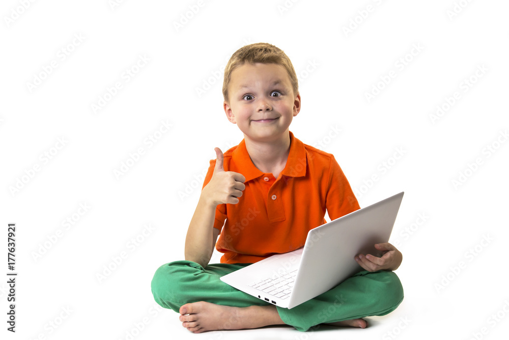 funny boy with a laptop on a white background, emotions funny boy with a laptop on a white background, emotions