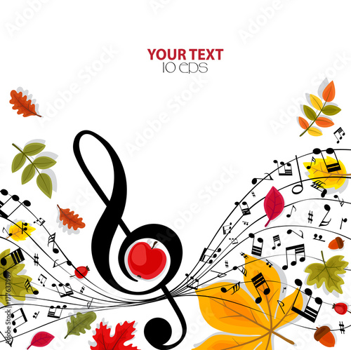 Autumn musical background with notes and leaves