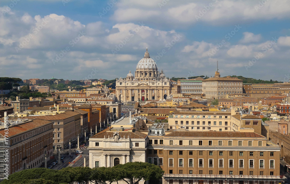 Panoramic cityscape and Saint Peter Basilica , Rome, Italy.