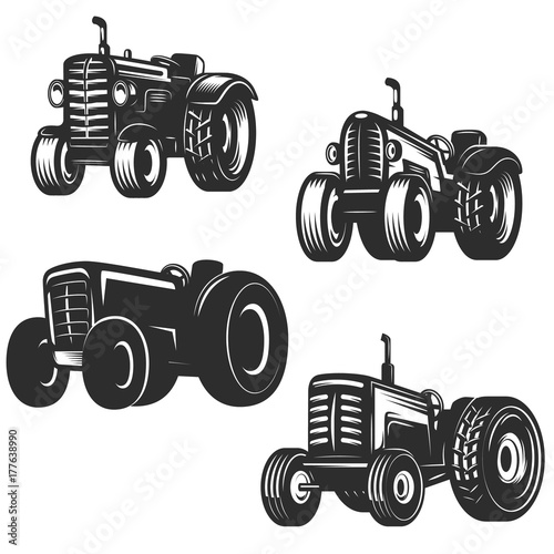 Set of retro tractor icons. Design elements for logo, label, emblem, sign. Vector illustration