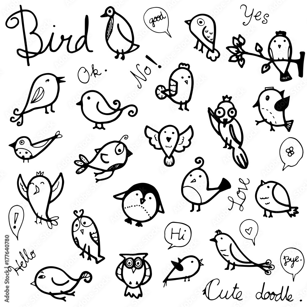 vector collection set of cute birds drawing in black outline doodle on white background vector collection set of cute birds drawing in black outline doodle on white background