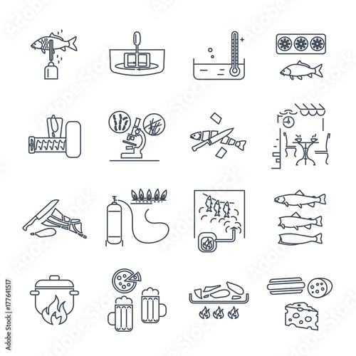 set of thin line icons restaurant, cafe, kitchen, bar production process