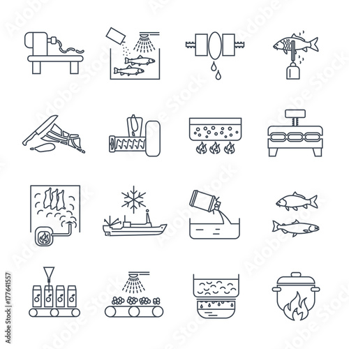 set of thin line icons food, meal production process, fish, meat