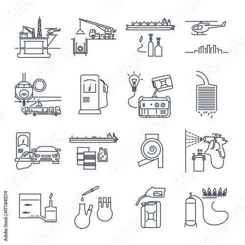 set of thin line icons fuel, gas, oil transport, production