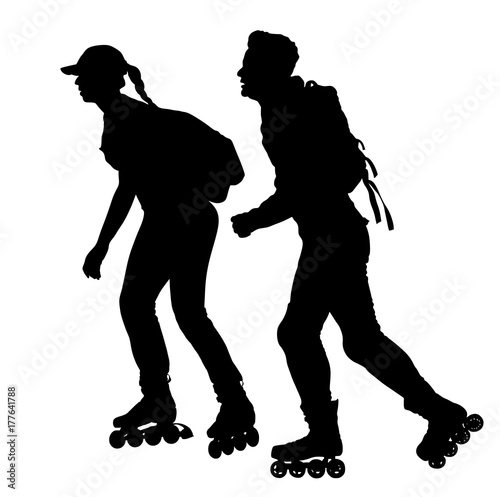 Roller skating couple in park, rollerblading vector silhouette isolated on white background. In-line skating. Skater boy and girl riding wheels. 