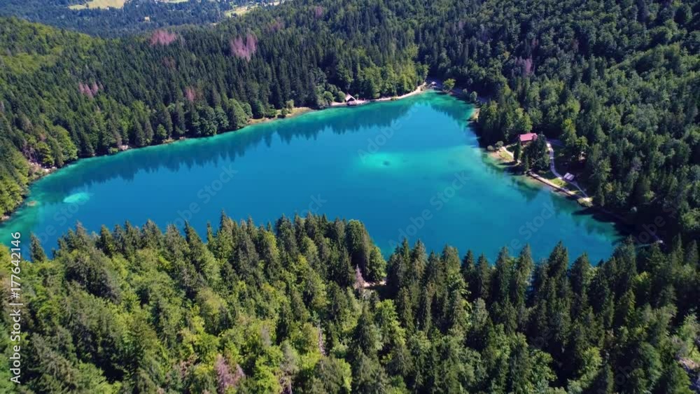 Lake Lago di Fusine Superiore Italy Alps. Aerial FPV drone flights. Lake Lago di Fusine Superiore Italy Alps. Aerial FPV drone flights.
