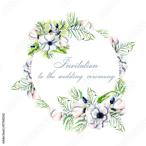 Floral frame, banner with watercolor white anemones and green palm leaves, hand drawn on a white background, floral design for wedding, birthday and other greeting cards 