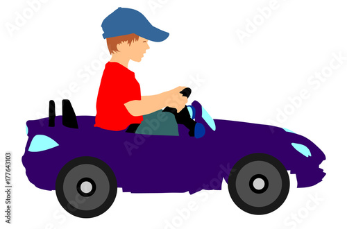 Little boy driving mini car vector silhouette illustration. Child with toy automobile. Kid driving pedal car .