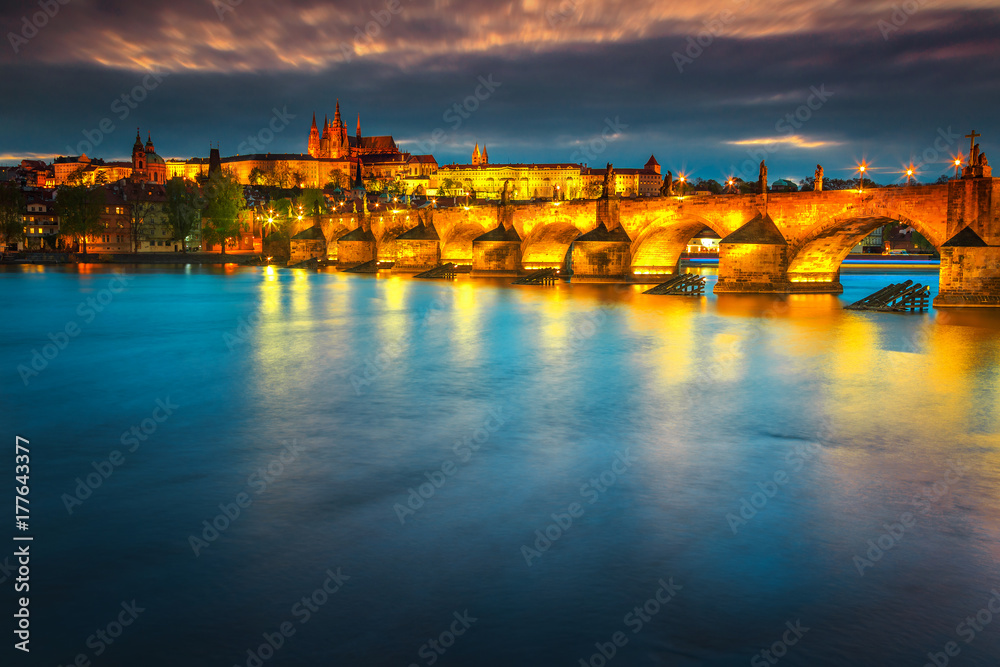 Fantastic medieval stone Charles bridge and castle Prague, Czech Republic