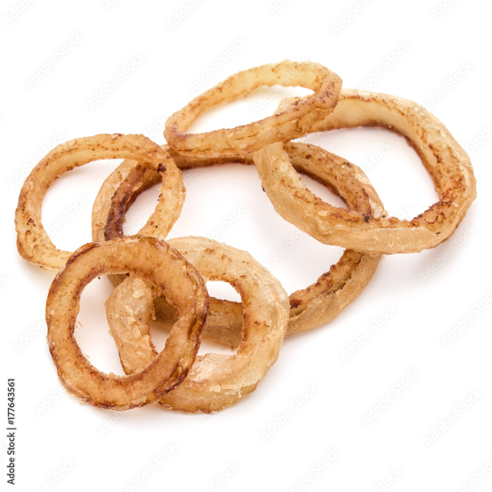 Delicious crispy fried onion rings isolated on white Delicious crispy fried onion rings isolated on white