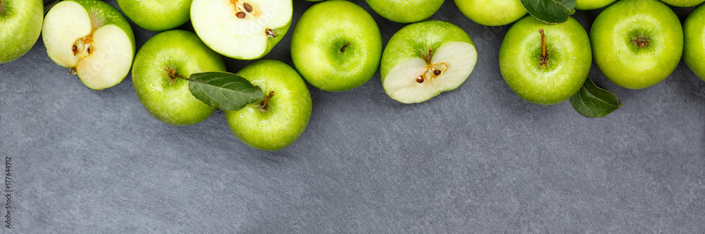 Äpfel Apfel grün Obst Banner Schiefertafel Textfreiraum Frucht Früchte von oben Äpfel Apfel grün Obst Banner Schiefertafel Textfreiraum Frucht Früchte von oben