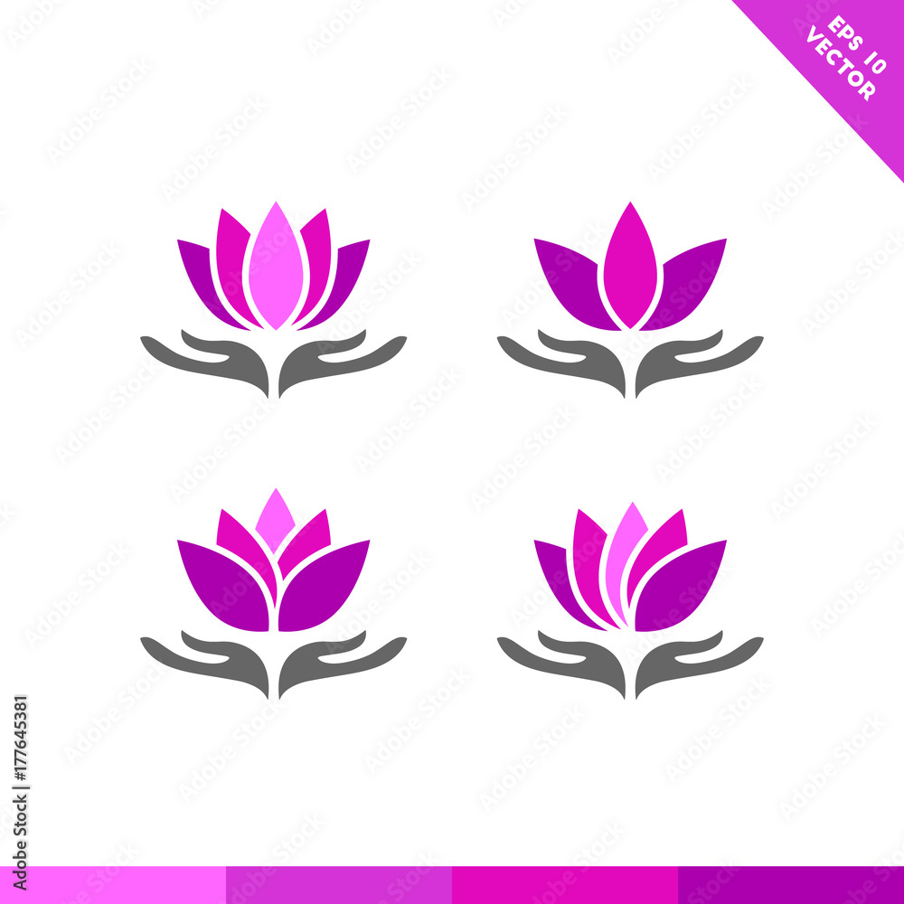 Hand holding lotus flower. Colorful icon set.
