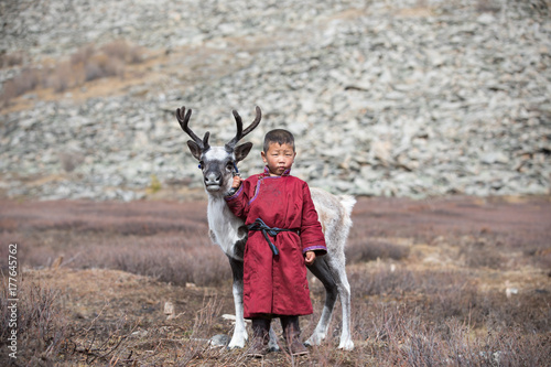 Canvastavla Little Tsaatan boy with a reindeer.