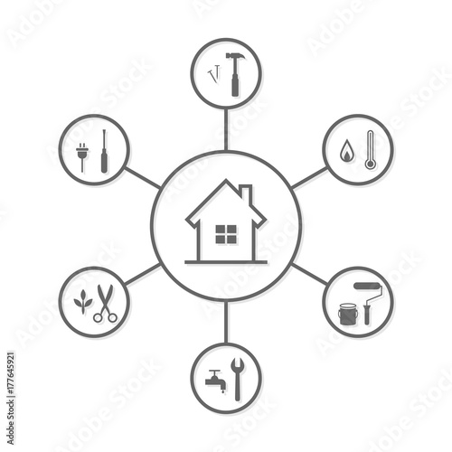 House and work tool icons in line art. Repair, renovation and maintenance concept.