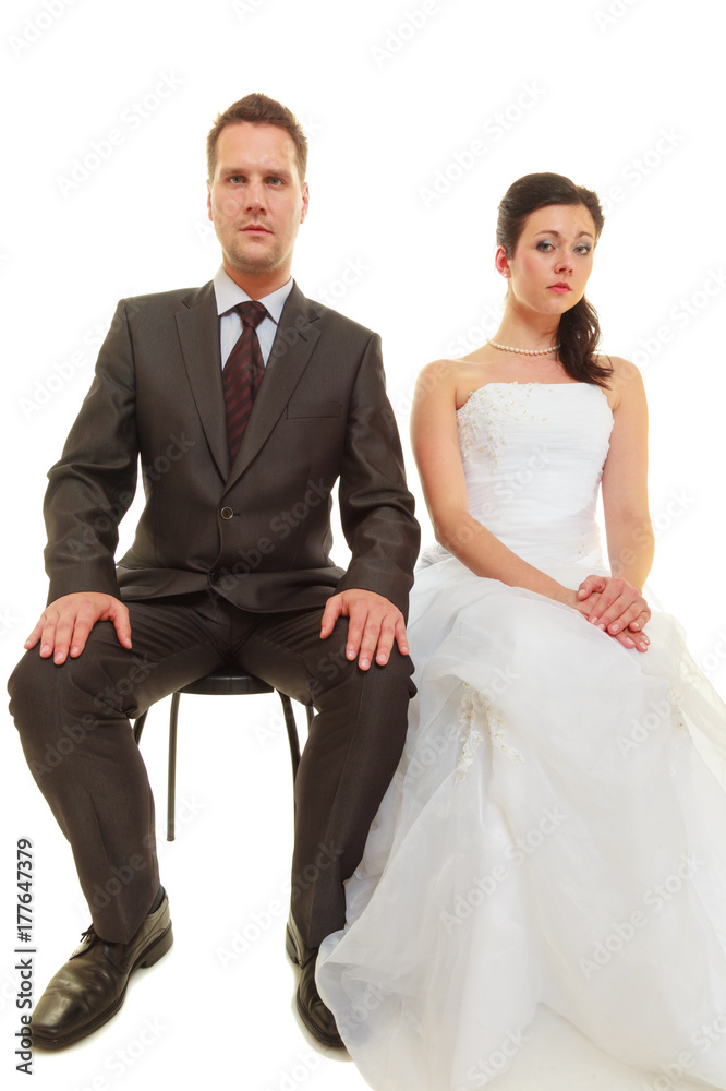 Sad groom and bride couple waiting for wedding Sad groom and bride couple waiting for wedding