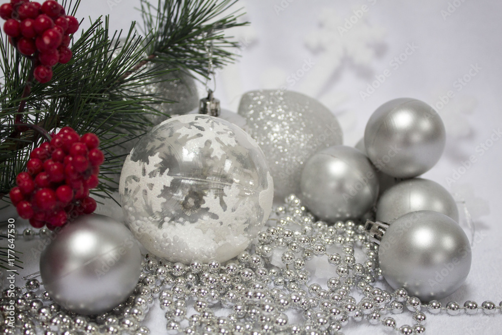 Christmas decoration white baubles with branches of fir tree, beading and red viburnum berries on white background. background with xmas balls for card. Christmas decoration white baubles with branches of fir tree, beading and red viburnum berries on white background. background with xmas balls for card.
