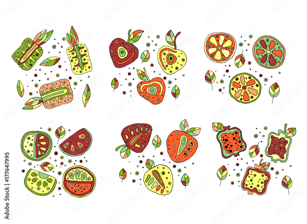 Set of vector hand drawn childish fruits. Cute childlike pineapple, cherry, berry, strawberry, pomegranate, watermelon, lime, lemon, orange with leaves, seeds, drops. Doodle, sketch, cartoon style. Set of vector hand drawn childish fruits. Cute childlike pineapple, cherry, berry, strawberry, pomegranate, watermelon, lime, lemon, orange with leaves, seeds, drops. Doodle, sketch, cartoon style.