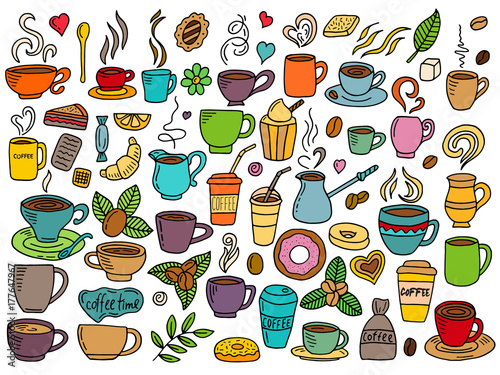 set of coffee doodle