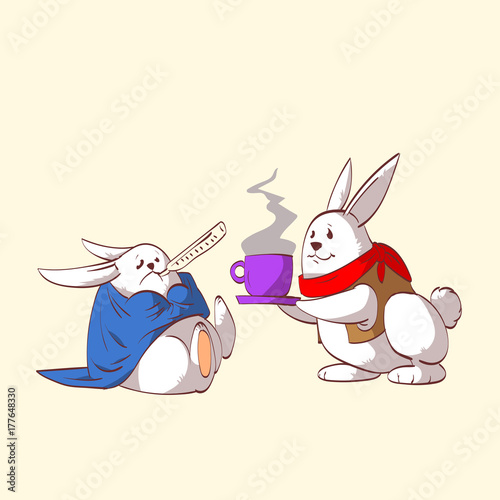 Colorful vector illustration of two cartoon rabbits  one sick and one taking care of the other  serving tea