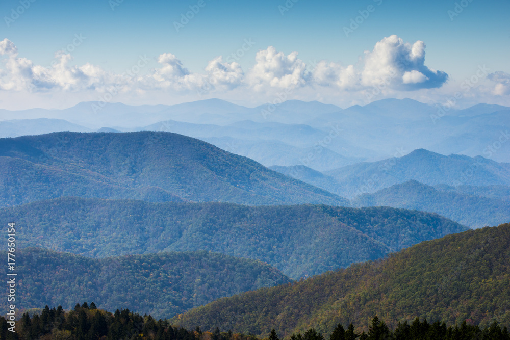 Blue Ridge Mountains Smoky Mountain National Park wide horizon landscape background layered hills and valleys