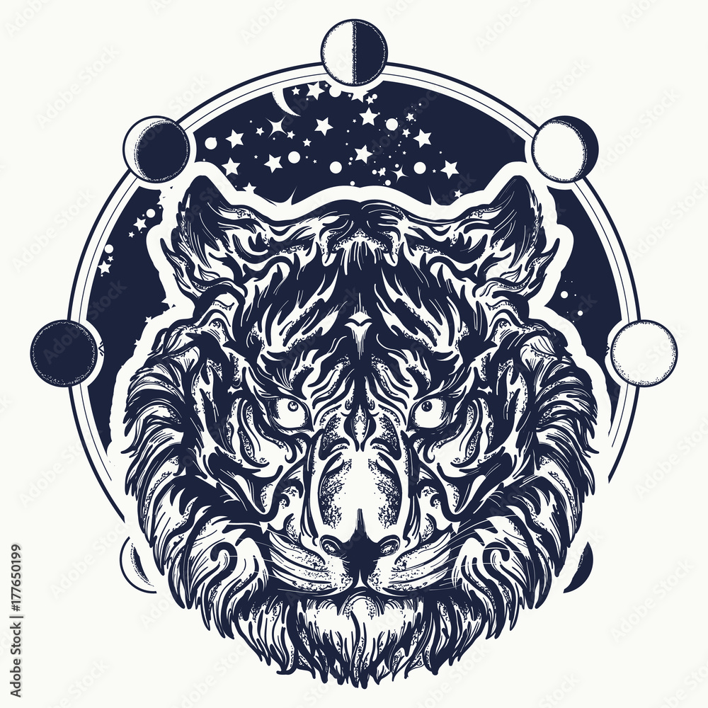 Tiger tattoo. Tiger portrait against background of universe. Symbol of  wisdom, force, soul. Magic tribal tiger tattoo and t-shirt design Stock  Vector | Adobe Stock