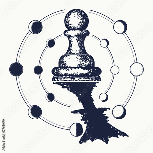 Chess tattoo. Pawn dreams to become queen. Symbol of motivation, career, leadership, tactics and strategy, surreal art. Ambitions concept. Pawn and queen tattoo