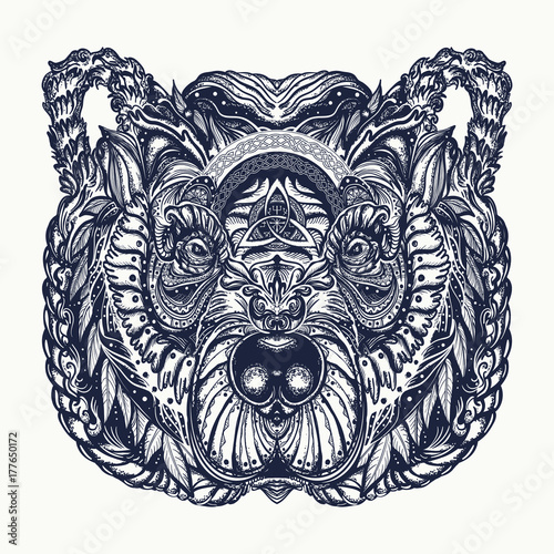 Bear tattoo and t-shirt design. Northern grizzly bear, symbol of force, wild nature, outdoors. Ornamental celtic bear head tattoo