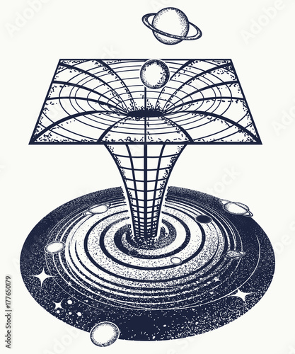 Black hole tattoo and t-shirt design. Symbol of science, astronomy, gravitational waves, curvature of space and time.  Wormhole tattoo. Surreal art. Black hole sci-fi concept