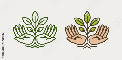Sprout in hand. Agriculture, farming logo or symbol. Ecology, environmental protection, natural, organic icon. Vector illustration