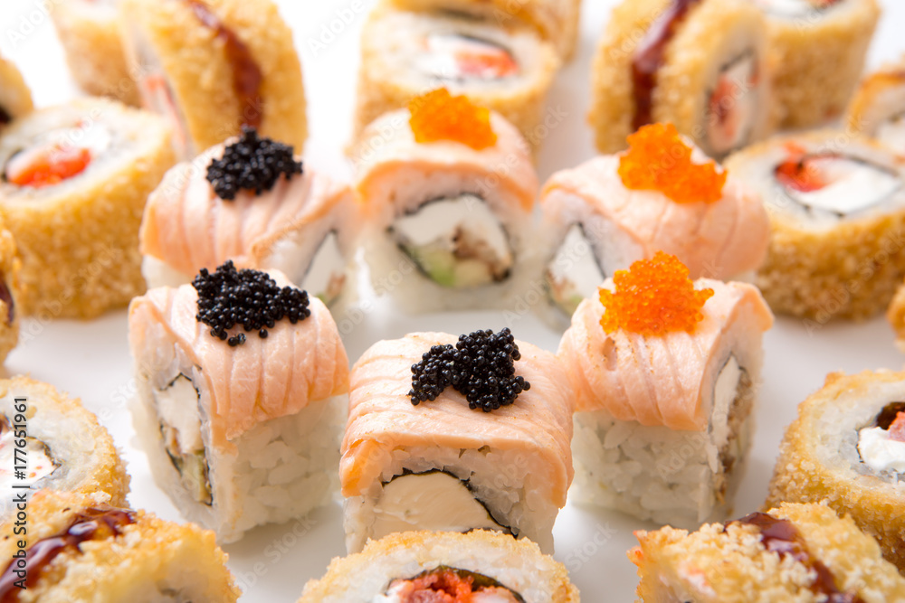 Japanese sushi rolls,maki on white background