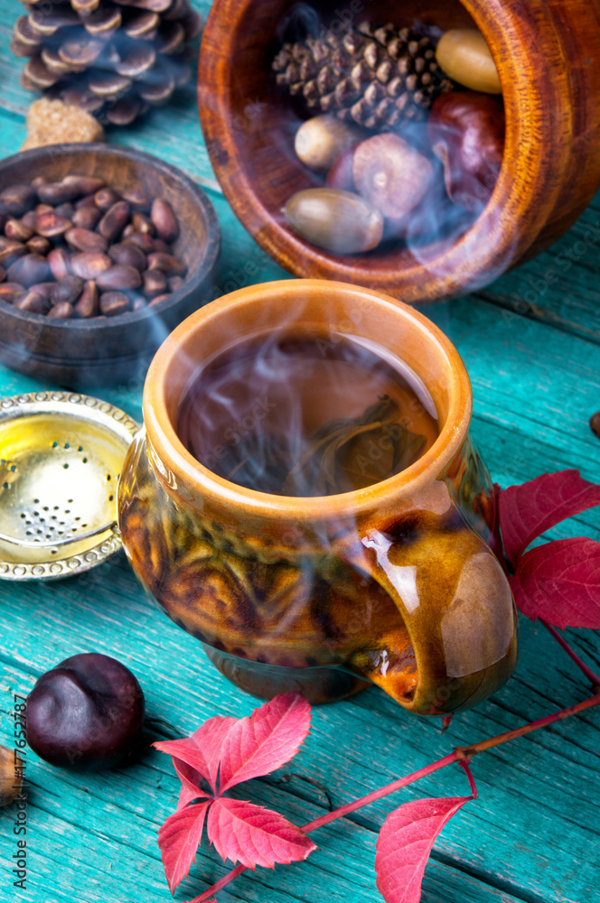 steaming cup of autumn tea steaming cup of autumn tea