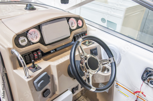 Cockpit of yacht from wood and leather