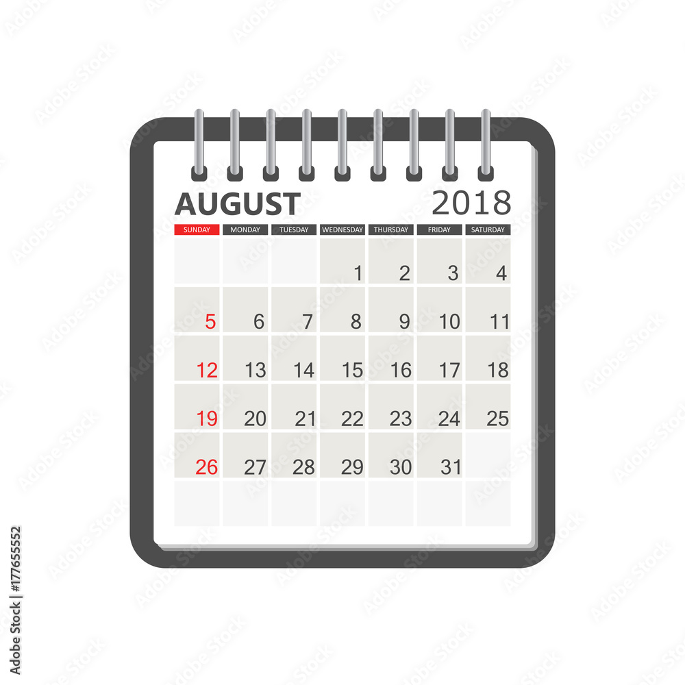 August 2018 calendar. Calendar notebook page template. Week starts on Sunday. Business vector illustration. August 2018 calendar. Calendar notebook page template. Week starts on Sunday. Business vector illustration.
