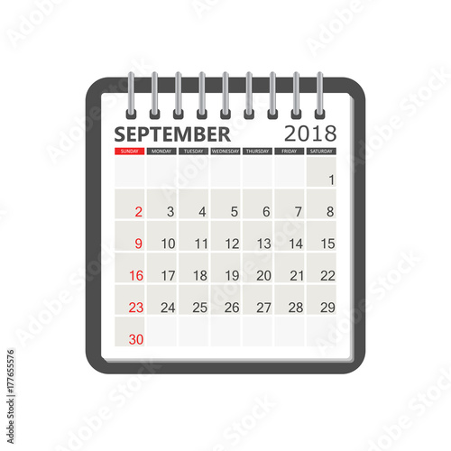 September 2018 calendar. Calendar notebook page template. Week starts on Sunday. Business vector illustration.