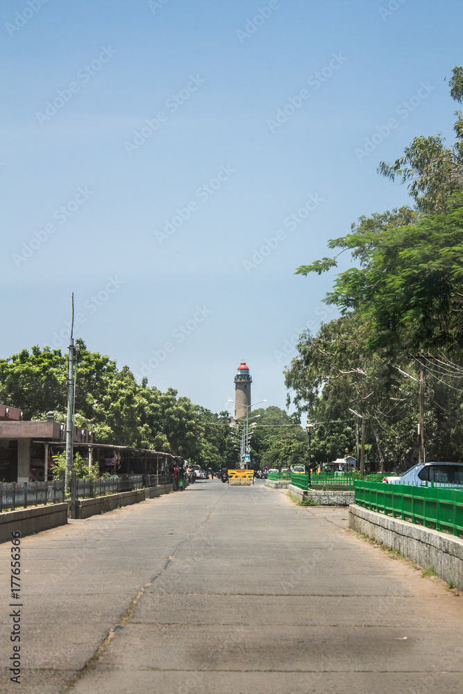 Road leads to the light house at Mahabalipuram, Tamil Nadu, India