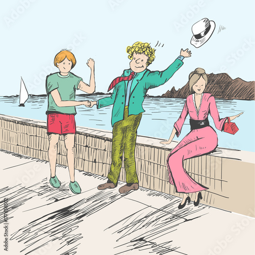 Comic strip. Two mens met by a sea. Friendly greeting. Peoples take off their hats as a sign of respect.
