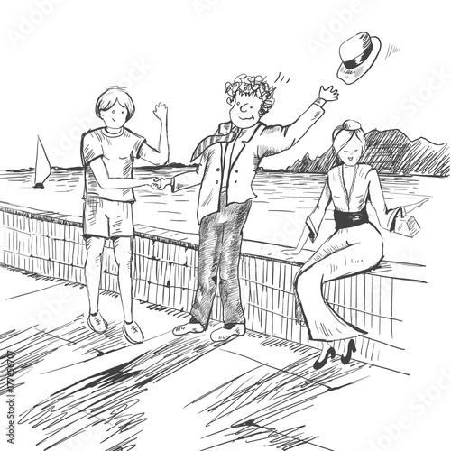 Comic strip. Two mens met by a sea. Friendly greeting. Peoples take off their hats as a sign of respect.