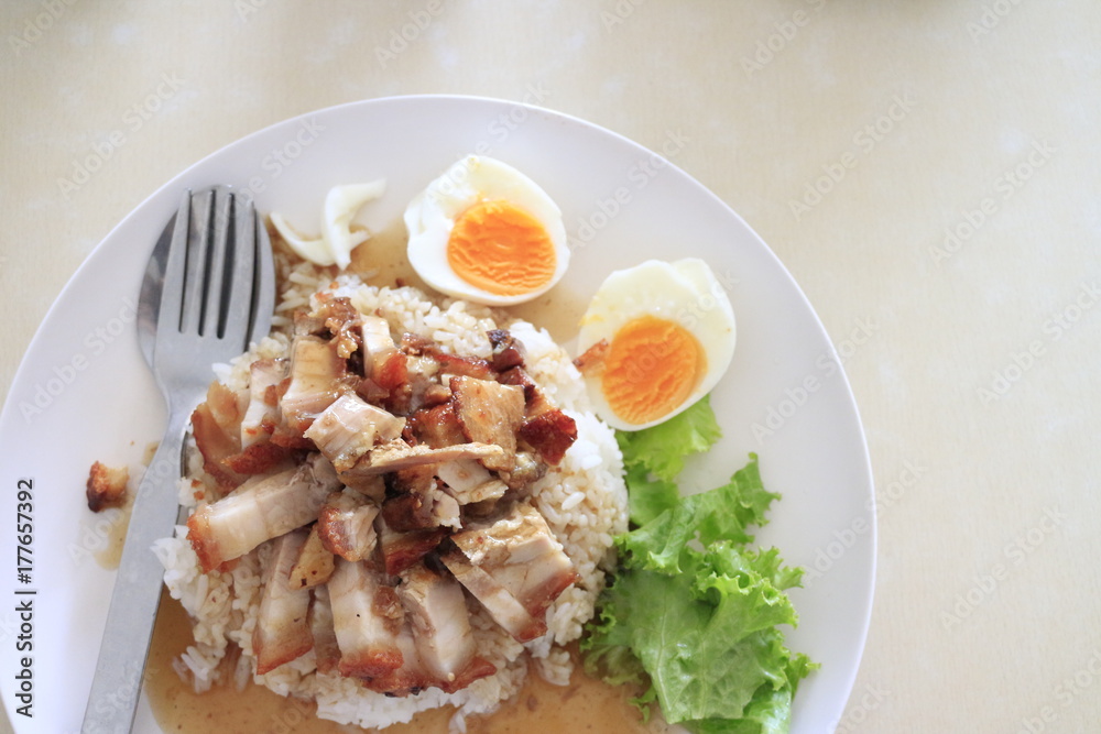 crispy pork or roasted pork belly with rice and boil egg crispy pork or roasted pork belly with rice and boil egg