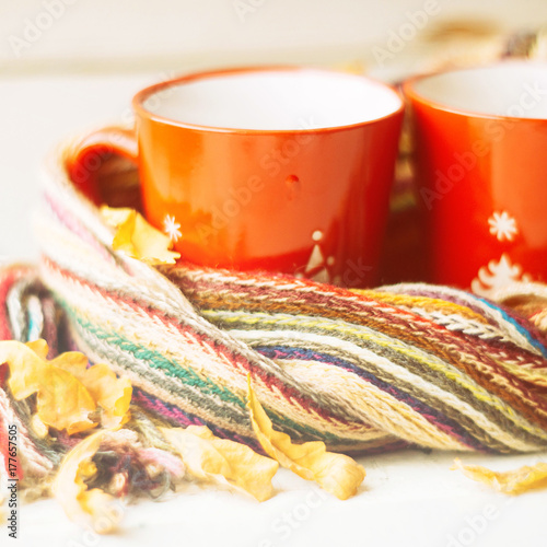 two cups and a blanket against the window with rain drops and leaves / warming the atmosphere in the rainy time