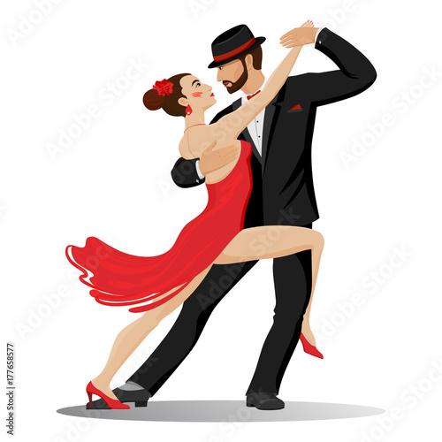 Graphic color set, where a passionate couple in love, cartoon man and woman, dance tango. Luxury vector illustration, isolated on white background.