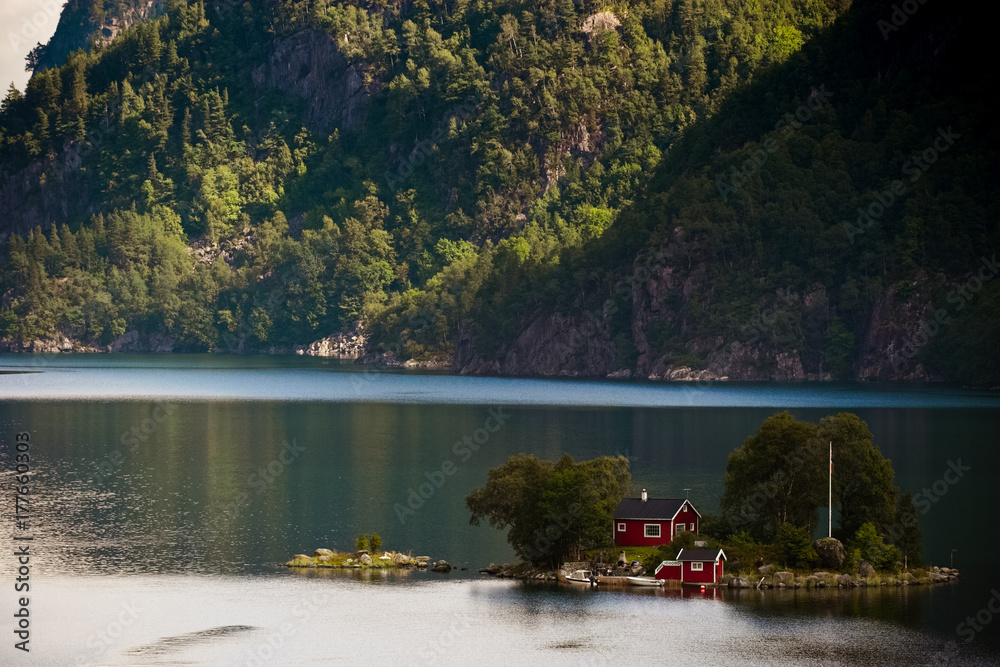 Fototapeta premium Small house located on a fjord island