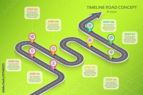Isometric navigation map infographic 8 steps timeline concept