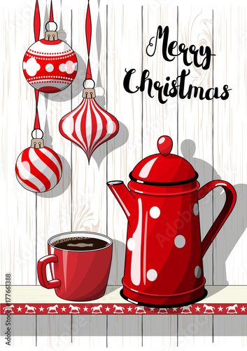 Holidays motive, Christmas decorations with red dotted coffee pot and cup, illustration