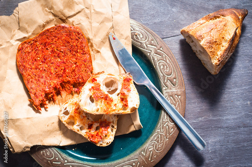 Spicy Italian Nduja Calabrian sausage served with rustic home baked sourdough bread.